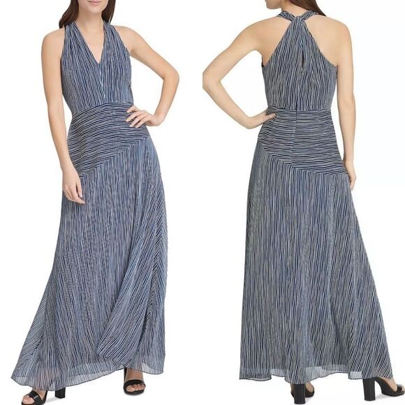 Donna Karan New York Striped Maxi Dress In Ivory/m - Picture 1 of 5
